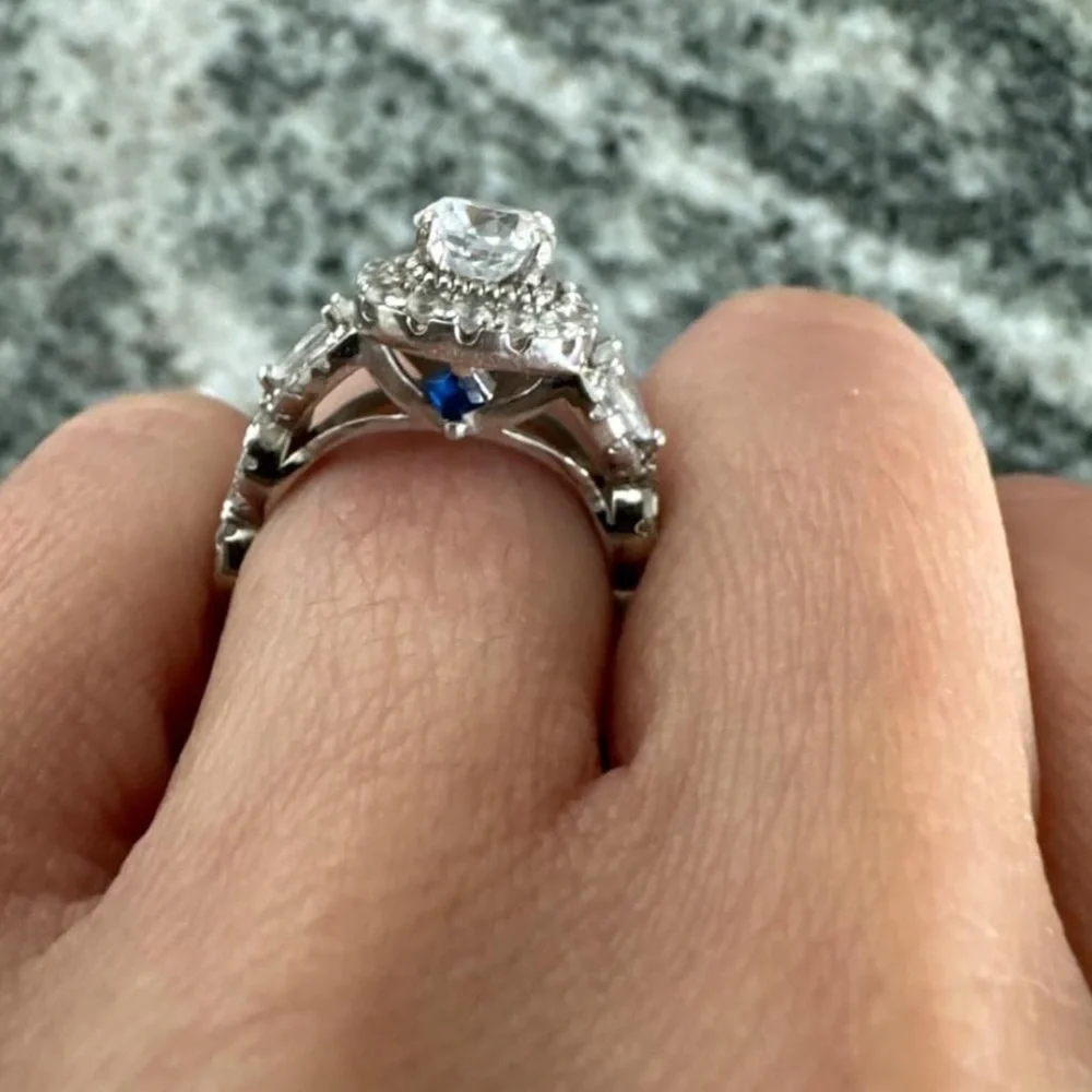Silver Diamond Halo Engagement Ring Set Wedding - Picture 5 of 14
